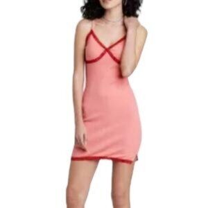 New Wild Fable Ribbed Pink Coral Lace Trim Bodycon Tank Skater Dress Women's XL